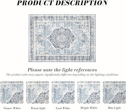 Area Rug 5×7, Vintage Boho Rug,Ultra-Soft Low Pile, Washable, Non Slip,Stain Resistant Printed Carpet for Living Room Bedrooms Playroom Office Kitchen, Light Blue