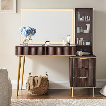 T4TREAM Fluted Makeup Vanity Desk with 36" HD Lighted Mirror, 48" Big Modern Vanity Desk with Mirror and Lights, Dressing Table with 5 Drawers & Shelves, Glass Top for Bedroom, Dark Walnut
