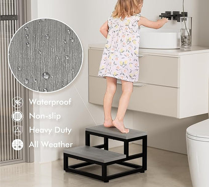Y&M Two Step Stool for Adults Kids, Bed Step Foot Stool with Adjustable Non-Slip Feet, Portable Sturdy Metal Frame Stepping for Kitchen Bathroom Bedroom Living Room, Indoor or Outdoor Use, Grey