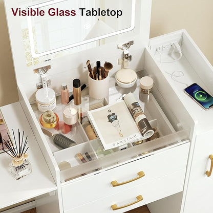 Small Vanity Desk,Compact Vanity Set with Power Outlet,3 in 1 Makeup Vanity with Lights with 3 Modes Lighting,Plip Mirror,Sliding Cabinet,Storage Stool,Dressing Table,White Vanity PT01DTM