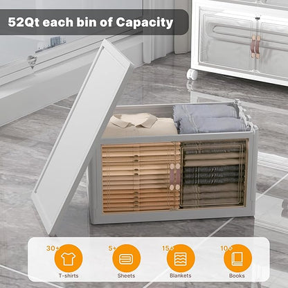 330Qt Stackable Storage Bins with Lids, 6 Pack Collapsible Bins with Wheels, Plastic Cabinet with Doors, Foldable Closet Organizers and Storage for Home, Dorm, Office, White