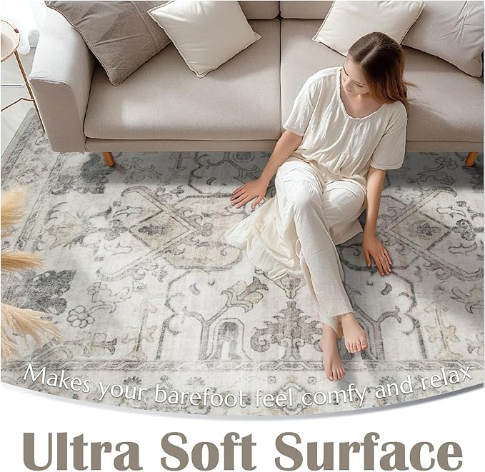 jinchan Runner Rug 2x5 Machine Washable Hallway - Vintage Floral Non-Slip Low-Pile Soft Ultra-Thin Kitchen Rug Distressed Carpet Runner for Farmhouse Bedroom Entryway Laundry Room(2x5ft, Taupe)