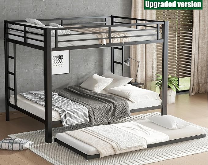 Higher Quality & Stronger Metal Bunk Bed Queen Over Queen Size Bunkbed Frame, Thickened Heavy Duty More Stable Steel Bunk Bed with Twin Size Trundle (Queen Over Queen)