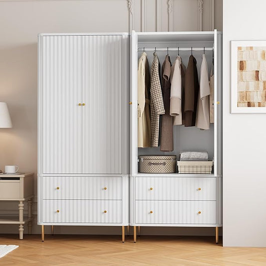 HLR 72" Modern Armoire Wardrobe Closet with Doors and Drawers, Bedroom Armoire Cabinet with Hanging Rod, Wooden Clothing Storage Cabinet Set of 2,White