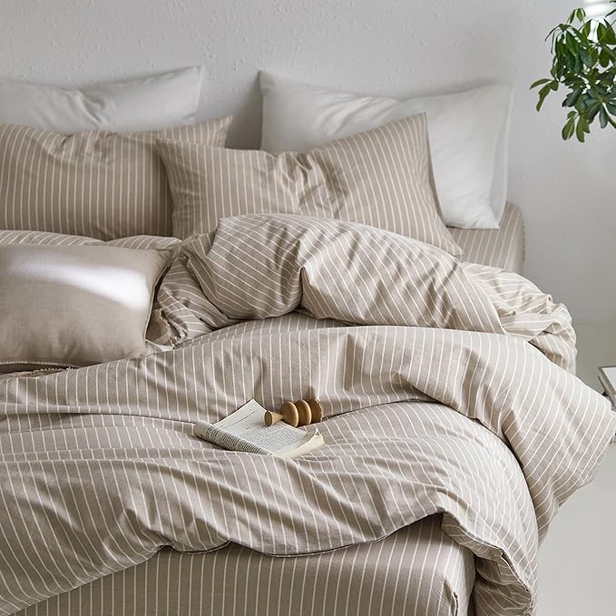 MooMee Striped Duvet Cover Set 100% Washed Cotton Linen Like Textured Breathable Durable Soft Comfy (Tannish Linen Grey White Wide Stripes, Alaska King 132"x120")