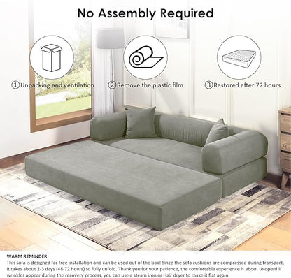 80" Convertible Sofa Bed, Corduroy Deep Seat Folding Pull Out Couch with Pillows, No Assembly Modern Boneless Couch Compression Sofa in Box, Floor Sofa with Storage Pocket for Living Room,Light grey