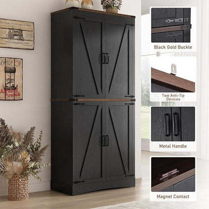 71" Tall Kitchen Pantry,Farmhouse Storage Cabinet with Adjustable Shelves,Load-Bearing Steel Pipe,Farmhouse Pantry Cabinet with 4 Barn Doors,for Kitchen,Dining Room,Living Room(Black)