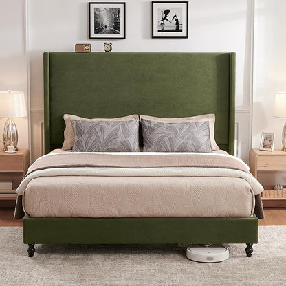 Queen Bed Frame with 63" Tall Headboard, Horizontal Fine Corduroy Bed Frame with Wingback, Upholstered Platform Bed, Vintage Solid Wood Gourd Legs, No Box Spring Needed, Green