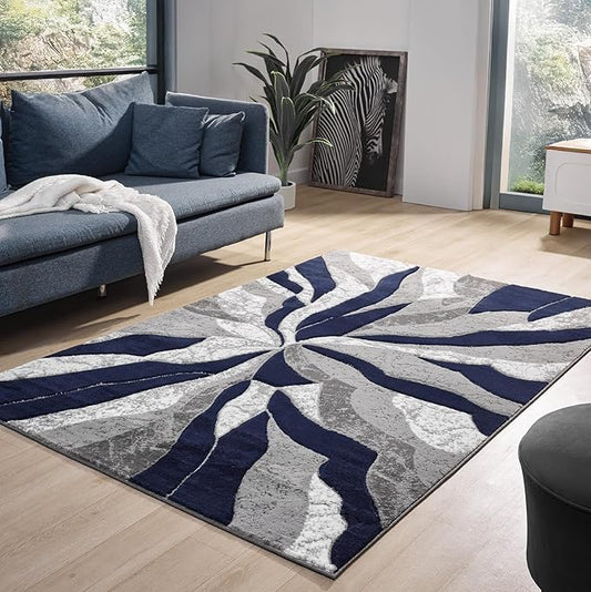 Modern Abstract Area Rug Hand Carved Contemporary Geometric Swirls Vibrant Colors Carpet for Living Room Bedroom Design PR1002 (Navy, 5' x 7')