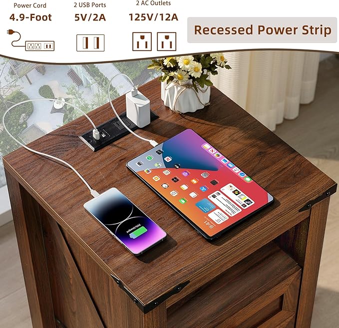 Joaxswe Nightstand with Charging Station and USB Port, Farmhouse Side End Table with 2 Drawers and Open Shelf, Wood Rustic Sofa Table, Bedside Cabinet for Bedroom, Living Room, Closet, Office(Brown)