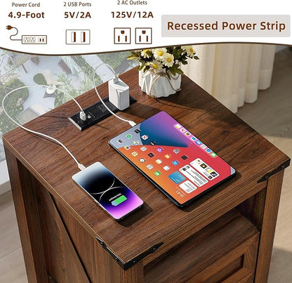 Joaxswe Nightstand with Charging Station and USB Port, Farmhouse Side End Table with 2 Drawers and Open Shelf, Wood Rustic Sofa Table, Bedside Cabinet for Bedroom, Living Room, Closet, Office(Brown)