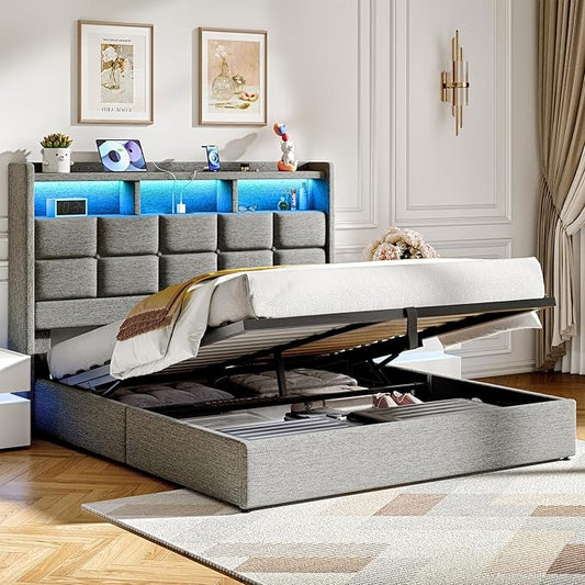 Lift Up Full Size Bed Frame with Storage, Upholstered Full Bed Frame with LED Lights Headboard and Charging Station, No Box Spring Needed, Easy Assembly - Light Grey
