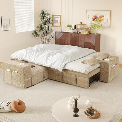 Modular Sectional Sleeper Sofa with Pull Out Bed, L Shaped 5 Seat Sectional Couches for Living Room, 84 Inch Sofa Bed with Adjustable Backrest | Hidden Storage | Wide Armrest | Khaki