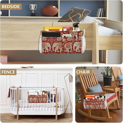 Bedside Caddy Hanging Bunk Bed Caddy Bed Organizer Hanging Pocket with 2 Hooks Bedside Storage Organizer Pocket Bag Holder Red Retro Elephant Flowers