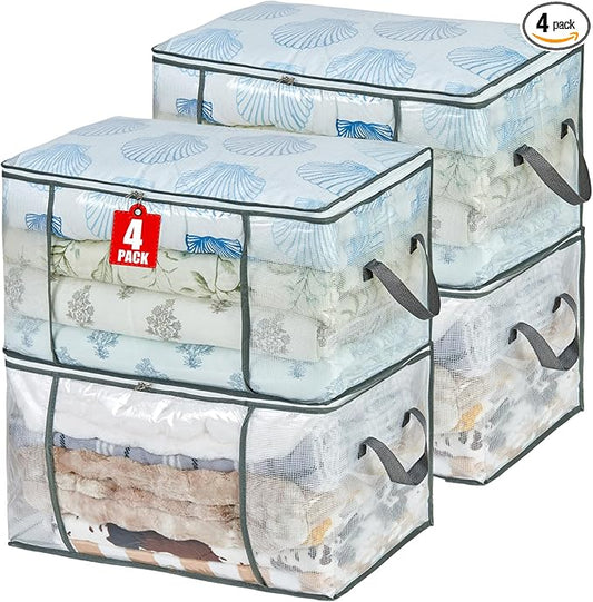 80L Clear Large Storage Bag, Clothes Storage Containers for Organizing Closet, Bedroom, Underbed, Comforters, Clothing, Blankets, Pillow, Foldable Organizer with Sturdy Handle and Zippers (4)