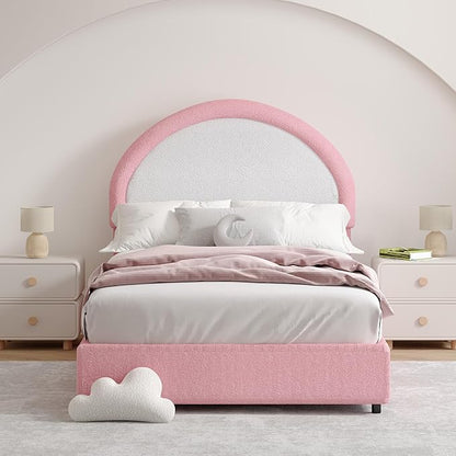Twin Bed Frames with Headboard, Boucle Upholstered Platform Bed, White Bed Frame, Soft Rounded Corners, No Box Spring Needed, Easy Assembly, Pink&White
