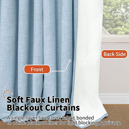 Baby Blue Linen Blackout Curtains for Nursery 90 Inch Length 2 Panels Set, Thermal Insulated Boho Total Black Out Noise Reducing Bonzer Grommets Window Curtains for Kids Bedroom, Each 52 Inch Wide