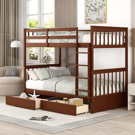 Merax Wood Bunk Bed with Drawers, Twin Over Twin Size Convertible Bunk Bed with Ladders and Two Storage Drawers,Solid Wood Detachable Bed Frame with Ladders, Walnut