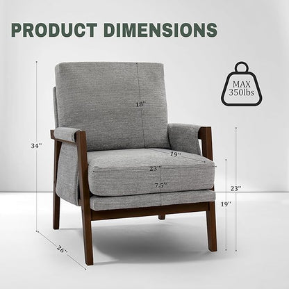 Grey Accent Chair for Bedroom & Living Room, Mid Century Modern Accent Arm Chair, Upholstered Anthropologie Accent Chair with Solid Wood Frame, Fabric