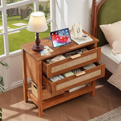 LEYAOYAO 31.5" Wide Rattan Night Stand with Charger Station, Oversized Large Boho Nightstand with 2 Drawer, Tea Brown Bed Side End Tables, Tall Bedside Table for Bedroom Living Room, Hallway