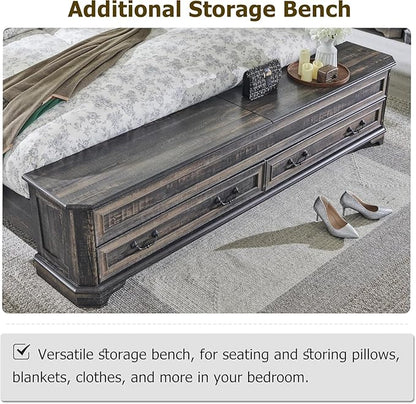 T4TREAM Farmhouse King Bed with Headboard and Storage Bench, Rustic Wood Platform Bed with 80" Storage Chest w/ 4 Large Drawer (Dark Rustic Oak)