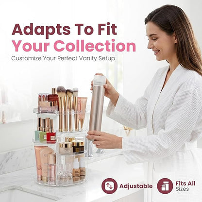 Masirs 360 Rotating Makeup Organizer Countertop - Adjustable Shelf Height - The Perfect Round Spinning Cosmetic Organizer for Bedroom Dresser or Vanity Countertop Storage (Clear)