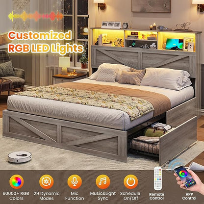 VIAGDO Farmhouse Bed Frame Queen Size with Bookcase Storage Headboard, Charging Station and LED Lights, Wooden Queen Bed Frame with 4 Drawers, Barn Door Design, No Box Spring Needed, No Noise, Grey