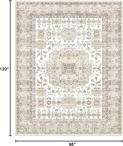 8x10 Area Rug Washable Living Room Carpet Bedroom Rug, Retro Accent Throw Distressed Rug, Easy Cleaning (Cream Beige)