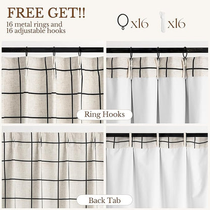 Plaid Pinch Pleated Curtains - Modern Luxury Linen Buffalo Blackout Drapes, Thermal Insulated Double Layer Window Panels for Living Room Bedroom, 90 Inches Long Black 2 Panels Set