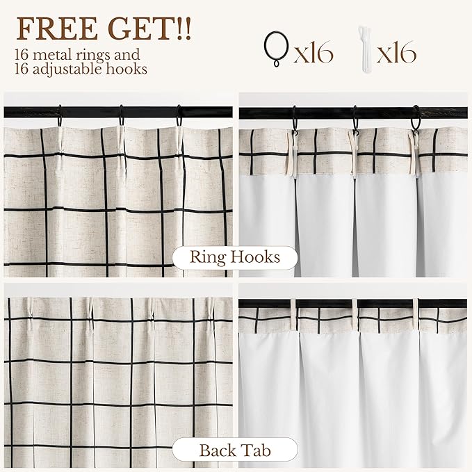 Plaid Pinch Pleated Curtains - Modern Luxury Linen Buffalo Blackout Drapes, Thermal Insulated Double Layer Window Panels for Living Room Bedroom, 102 Inches Long Black 2 Panels Set