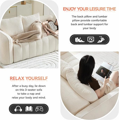 Corduroy Boneless Living Room Sets, Modern Upholstered 3 Seater Sofa with 2 Signle Accent Chairs, Comfy Deep Seat Cloud Sofa Couch Sets for Living Room, White