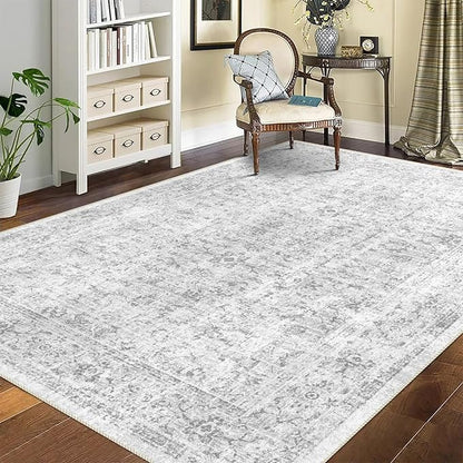 6x9 Area Rug, Ultra-Soft Washable Rug for Living Room, Dinner Room, Bedroom, Non-Slip Vintage Floral Rug, Indoor Carpet Large Area Rug, Grey