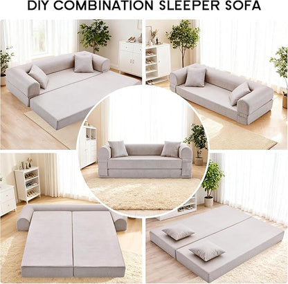 78.5" Convertible Sleeper Sofa Bed, Faux Leather Folding Floor Sofa with Pullout Bed&2 Pillows, No Assembly Modern Boneless Couch Compression Sofa in Box with Storage Pocket for Living Room, Beige