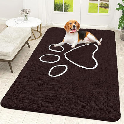 OLANLY Dog Door Mat for Muddy Paws 70x46, Paw Print Design, Absorbs Moisture and Dirt, Absorbent Non-Slip Washable Doormat, Quick Dry Chenille Mud Mat for Dogs, Entry Indoor Entryway Carpet, Brown