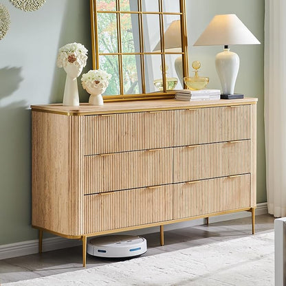 T4TREAM Fluted 6 Drawers Dresser for Bedroom, 54" Wide Modern Dresser TV Stand, Gold Accents, Fluted Fronts, Wood Storage Dressers Organizer for Bedroom, Living Room, Natural Oak