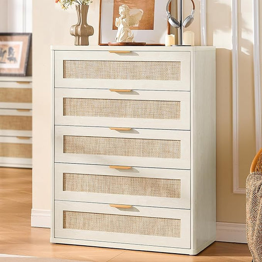 LEYAOYAO Rattan Dresser for Bedroom 41" Tall Chest of Drawers, Modern 5 Drawers Boho Dressers with Storage, Light Oak Dresser Wooden Closet Organizer for Living Room, Hallway, Grey White