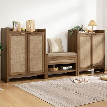 SICOTAS Shoe Cabinet Set of 2, Large Capacity Shoe Storage Organizer Cabinet, Tall Rattan Shoe Cabinet with Doors and Shelves, 6-Tier Farmhouse Boho Wooden Storage Cabinet for Entryway Hallway