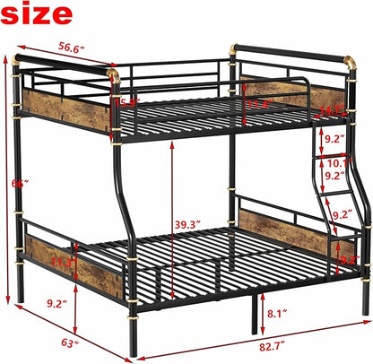 Upgraded Version Thicken Metal Heavy-Duty Full XL Over Queen Bunk Bed, Best Industrial Style Stronger Full Over Queen Size Bunk Bed with Ladder for Adults, Easy Assembly (Full XL Over Queen)
