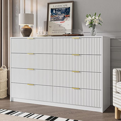 White Dresser for Bedroom, 8 Drawer Double Dresser, Modern Chest of Drawers for Bedroom, Living Room, Entryway and Closet, 55" L x 15.7" D x 37.4" H