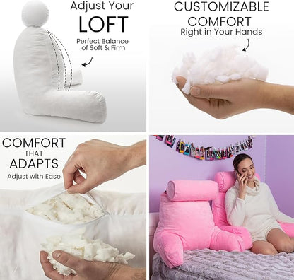 Husband Pillow Medium Pink, Backrest for Kids, Teens, Petite Adults - Reading Pillows with Arms, Adjustable Loft, Plush Memory Foam, Bed Rest Chair for Sitting Up, Detach Neck Roll, Removable Cover