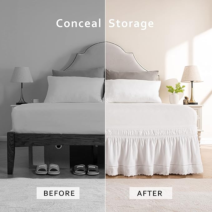MIYE Wrap Around Ruffled Lace Bed Skirt, Elastic Dust Ruffle with Adjustable Belts,15 Inch Drop Easy to Put On, Bed Frame Cover, Machine Washable (Embroidered, Full/Twin-15)
