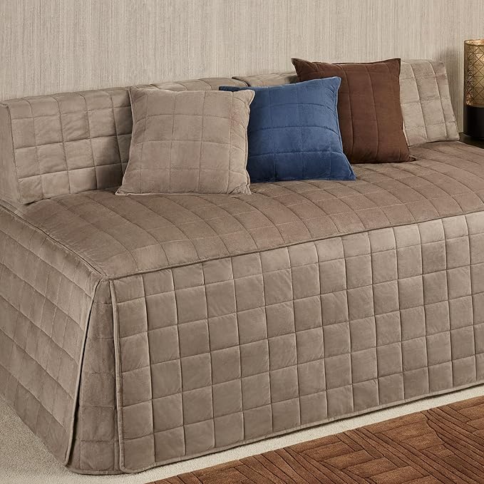 Camden Luxury Bedding | Neutral Sand Color | Fitted Hollywood Daybed Bedding | Faux Suede Box Quilted Design | 5 Piece Set Includes Extra Long Hollywood Cover, 2 Bolster Shams, and 2 Bolster Pillows