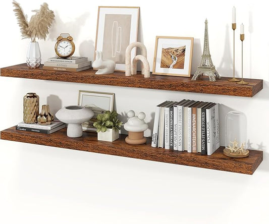 Floating Shelves for Wall, 9.3" Deep Wall Mounted Wood Shelves for Bathroom, Bedroom, Living Room, Kitchen, Hanging Shelf for Books/Storage/Room Decor (Brown, 55")
