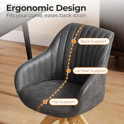 Zouron Mid Century Modern Accent Chair with Oak Wood Legs, Upholstered Swivel Chair No Wheels, Side Accent Armchair Vanity Chair for Small Space Home Office Living Room Bedroom, Black