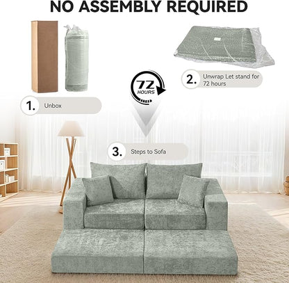 Boneless Sectional Loveseat Couch with Ottoman, Convertible Modular Floor Sleeper Sofa Bed, Comfy Foldable Compression Love Seat Sofa for Living Room, No Assembly, Green