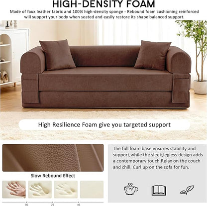 78.5" Convertible Sleeper Sofa Bed, Faux Leather Deep Seat Folding Floor Sofa with Pullout Bed & 2 Pillows, No Assembly Modern Boneless Couch Compression Sofa in Box for Living Room, Office, Brown
