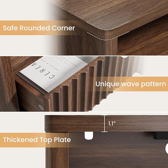 CypBed NightStand Set of 2 with Charging Station, Bedside Tables with 2 Drawers & Storage Shelf, Wood Fluted Nightstand with Rounded Corner Design, Modern End Table for Bedroom, Easy Assembly