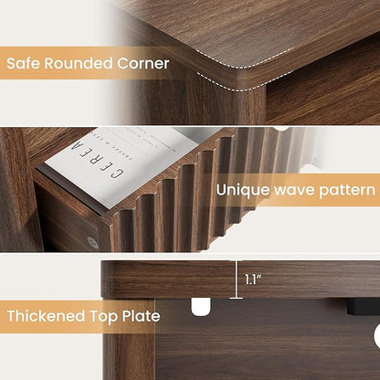 CypBed Night Stand with Charging Station, Bedside Tables with 2 Drawers & Storage Shelf, Wood Fluted Nightstand with Rounded Corner Design, Modern End Table for Bedroom, Easy Assembly