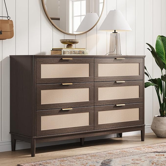 LINSY HOME Rattan Dresser for Bedroom with 6 Drawers, 47" Wide Chest of Drawers, Mid Century Modern Dresser TV Stand with Metal Handle, Wood Closet Storage Cabinet for Living Room, Hallway, Walnut