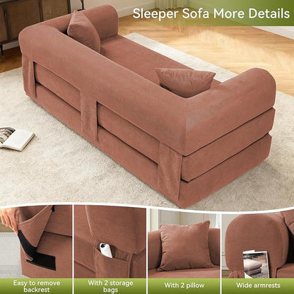 Convertible Futon Sofa Bed,80" Folding Pull Out Couch Bed with Storage,Queen Sleeper Sofa Bed,Compressed Couch in a Box,Corduroy Boneless Couches for Living Room,Pink